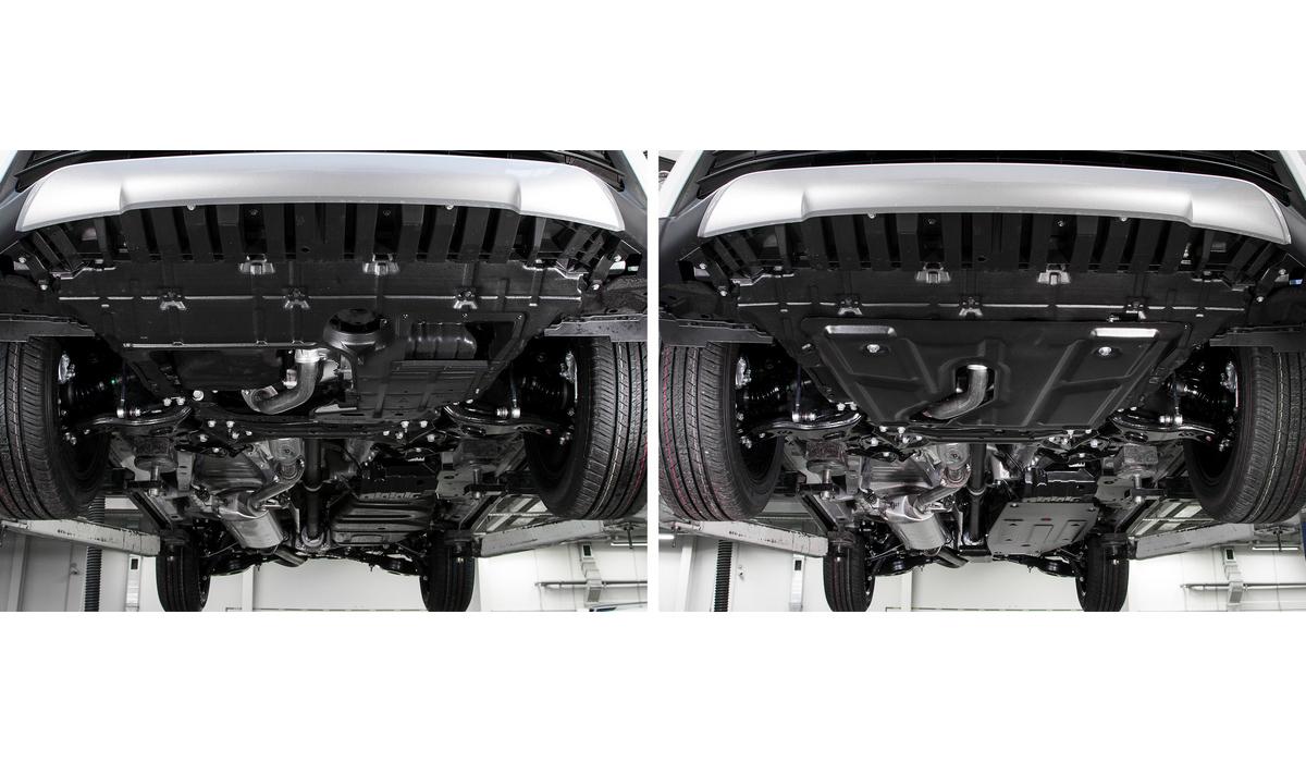 Защита картера, КПП, топливного бака и редуктора АвтоБроня (с вырезом под глушитель) для Toyota RAV4 CA40 (V - 2.5) АКПП 2012-2019, штампованная, сталь 1.8 мм, 3 части, с крепежом, K111.09506.1