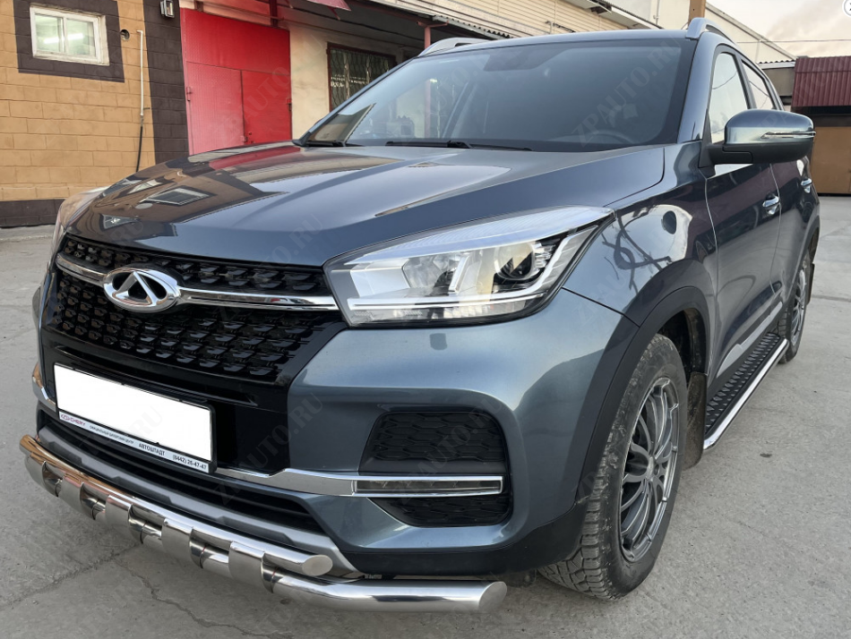 Защита переднего бампера двойная с перемычками для автомобиля Chery Tiggo 4 Pro 2022 арт. CHTGP.4.22.75