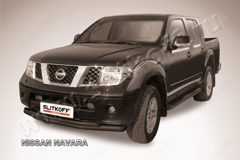 Защита переднего бампера d76+d57 двойная черная Nissan Navara (2004-2015) , Slitkoff, арт. NIN006B