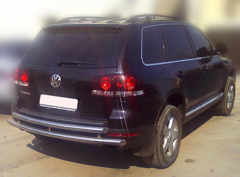 Защита заднего бампера радиусная двойная d-60+53 для автомобиля VolksWagen Touareg 2007-2009г.в., Технотек, арт. WLT07_3.1