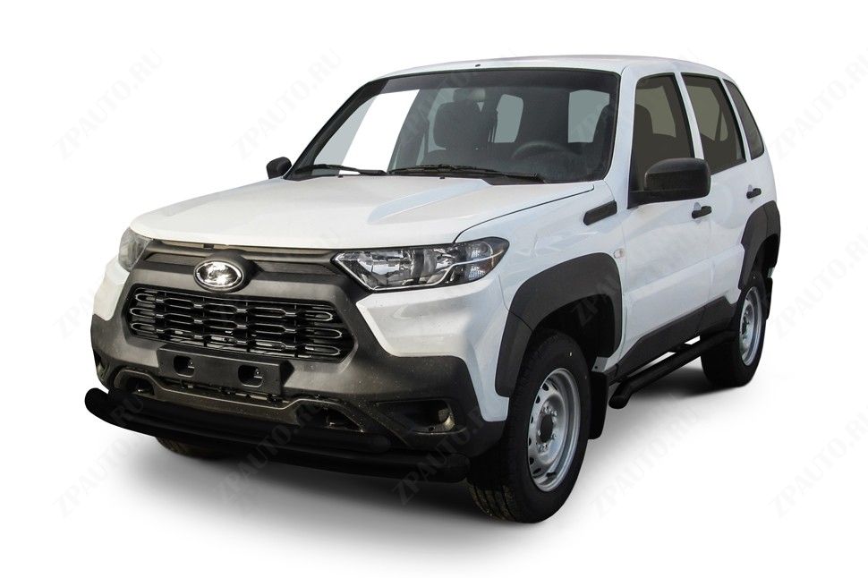 Защита переднего бампера d76+d57 двойная черная Lada Niva Travel (2020-2023) , Slitkoff, арт. NivTR003B