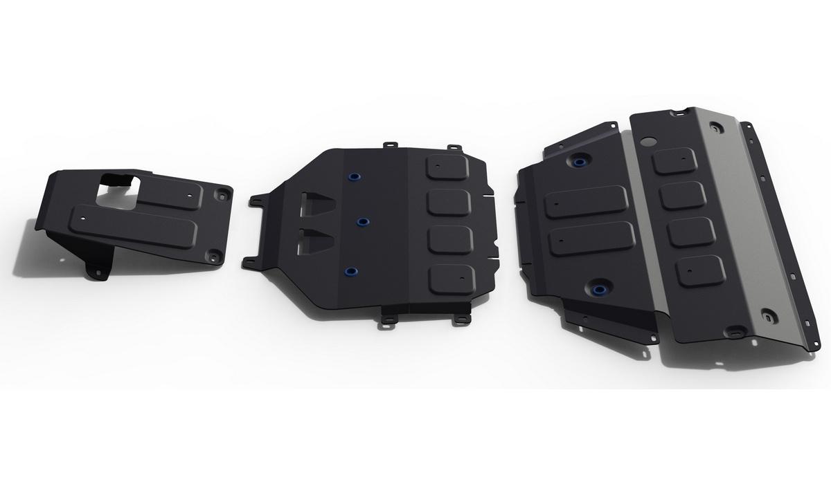 Защита картера, КПП и РК Rival (черная) для Porsche Cayenne III 2017-н.в., штампованная, алюминий 4 мм, с крепежом, 3 части, K333.4615.1