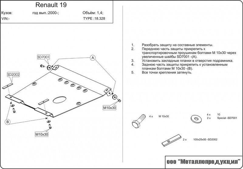 Защита картера и КПП для Renault 19 RL/ Europa ,Sheriff арт.18.0328 (Сталь 2,0 мм)