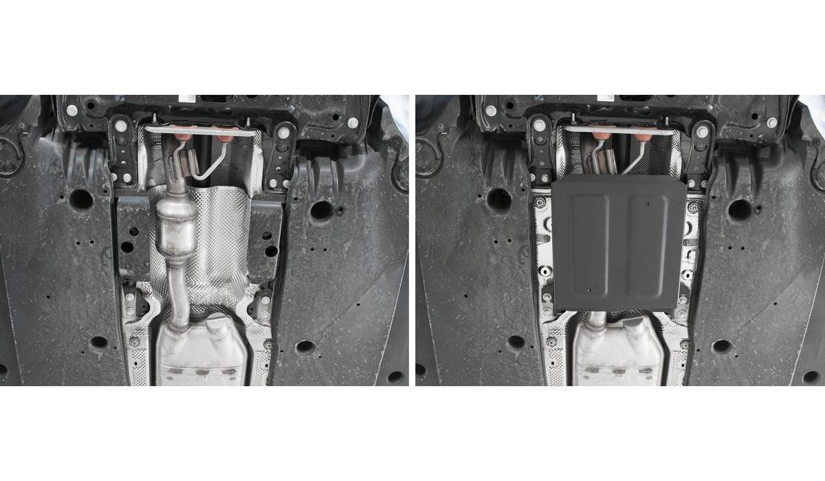 Защита заслонки системы выпуска ОГ Rival для Skoda Kodiaq 2017-2021, сталь 1.5 мм, без крепежа, штампованная, 1.5117.1