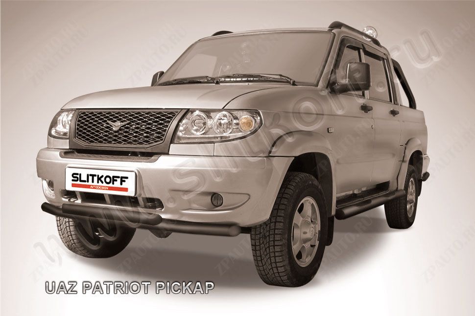 Защита переднего бампера d57+d57 двойная черная Uaz Pickup (2008-2014) , Slitkoff, арт. UPpic003B