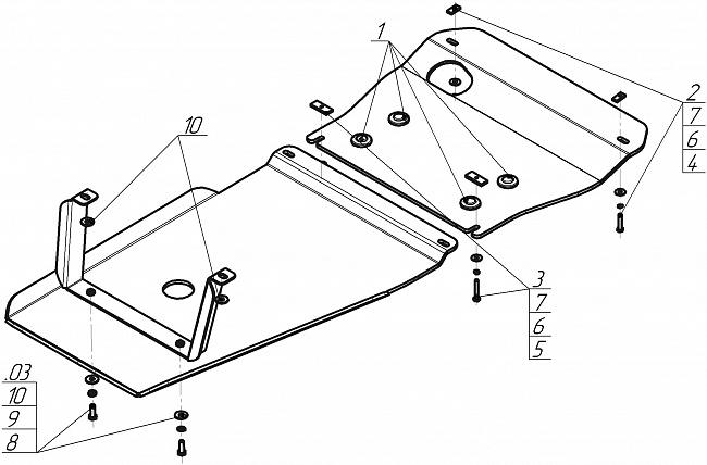 Защита алюминиевая Мотодор (Двигатель, Передний дифференциал, Коробка переключения передач, Радиатор, Раздаточная коробка), 8 мм, алюминий для Mercedes-benz Vito  2009-2014 арт. 381201