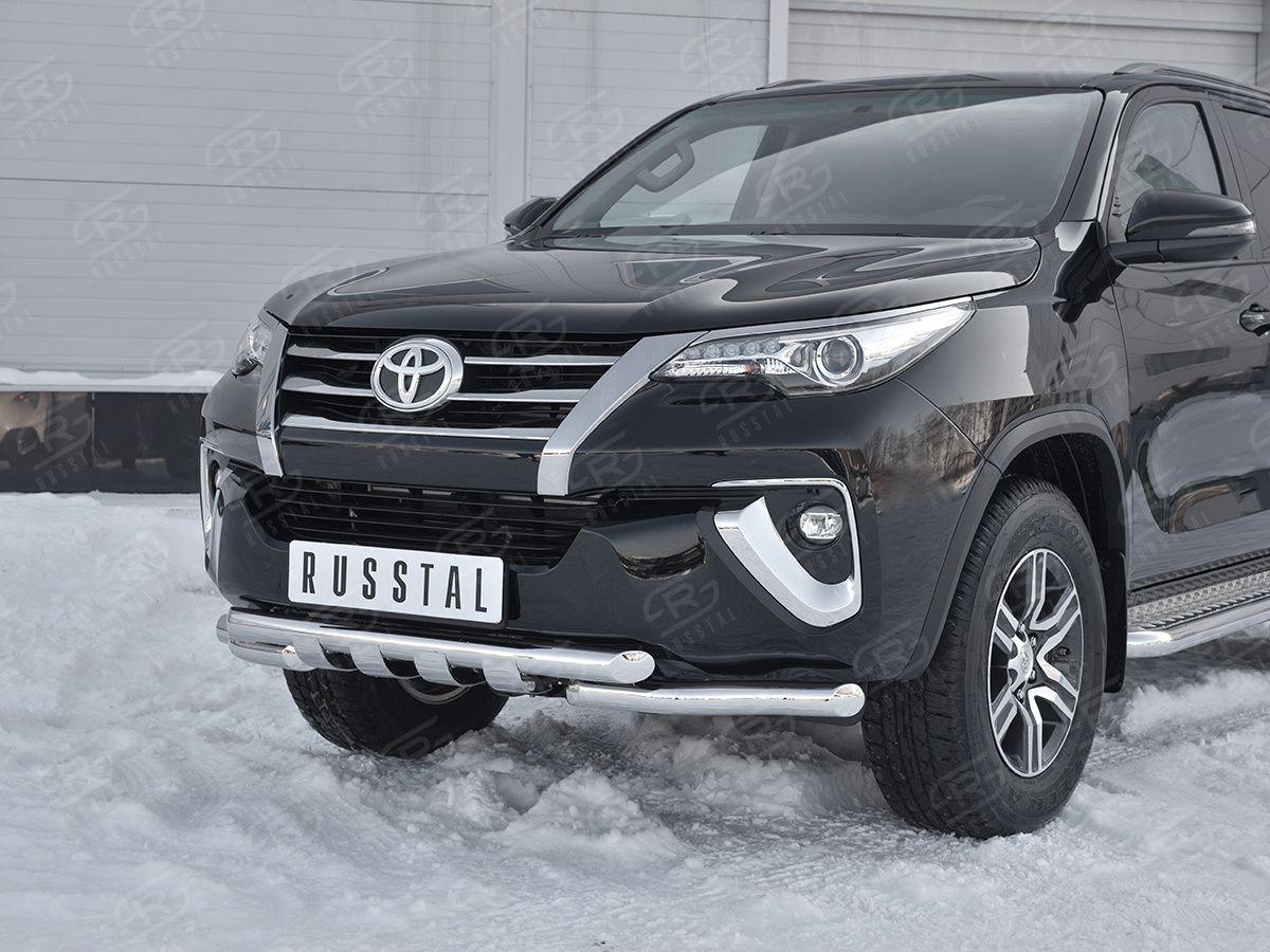 Защита переднего бампера d57/57 уголки с клыками на Toyota Fortuner 2017, Slitkoff TFZ-002879