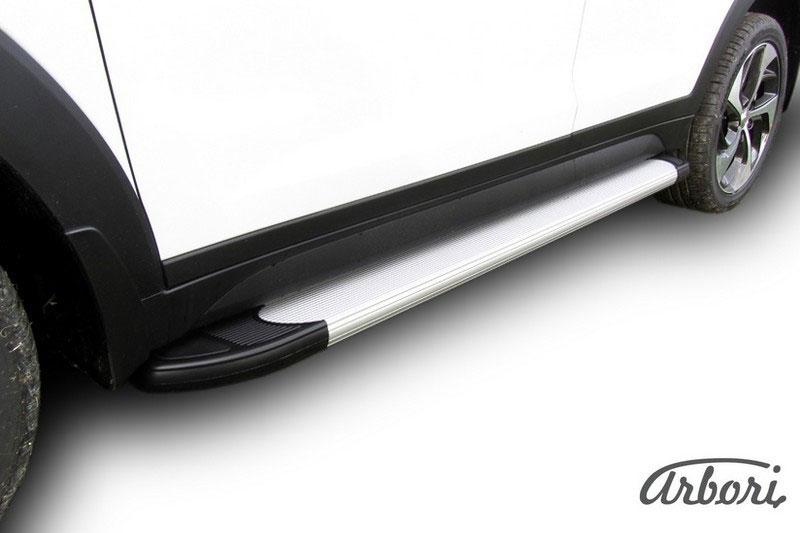 Пороги-подножки алюминиевые Arbori Optima Silver серебристые на Hyundai Tucson 2015, артикул AFZDAALHT4WD1502, Arbori (Россия)