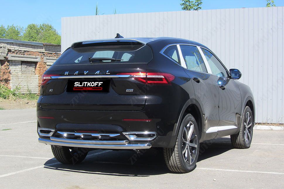 Защита заднего бампера d57+d42 Haval F7 F7x (2019-2023) Black Edition, Slitkoff, арт. HavF7008BE