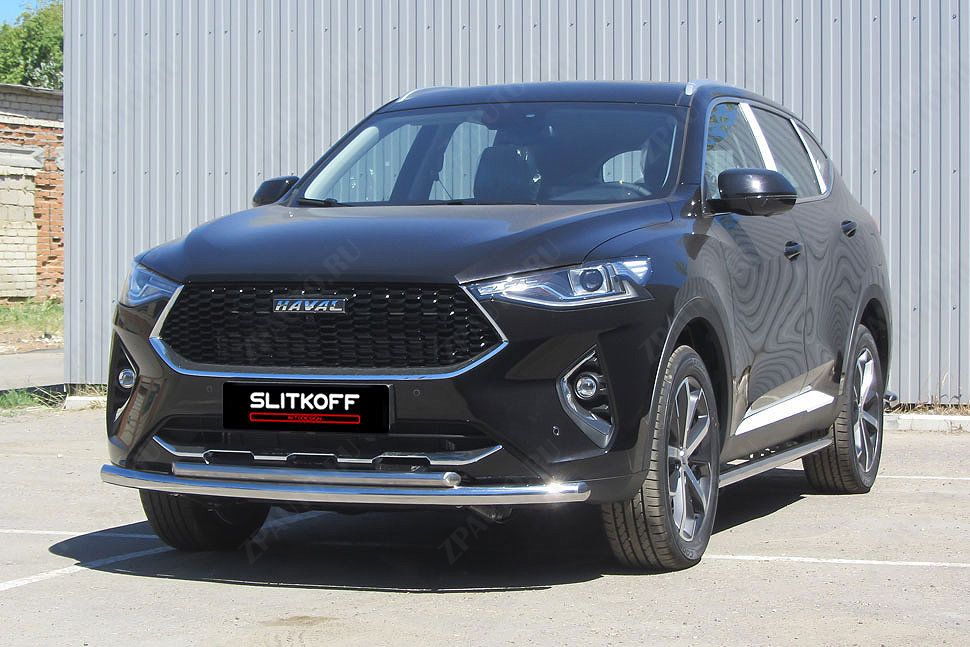 Защита переднего бампера d57+d42 двойная Haval F7 F7x (2019-2023) Black Edition, Slitkoff, арт. HavF7002BE