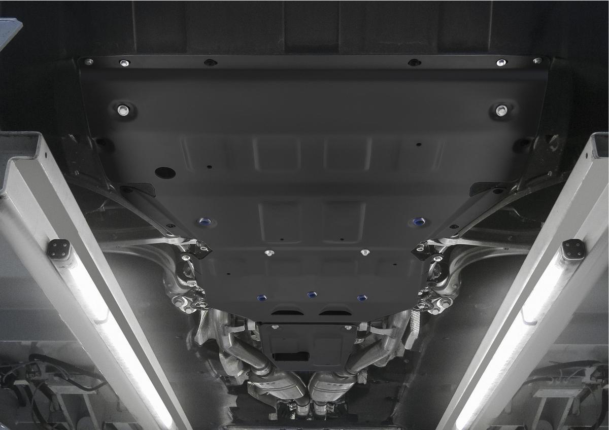 Защита картера, КПП и РК Rival (черная) для Porsche Cayenne III 2017-н.в., штампованная, алюминий 4 мм, с крепежом, 3 части, K333.4615.1