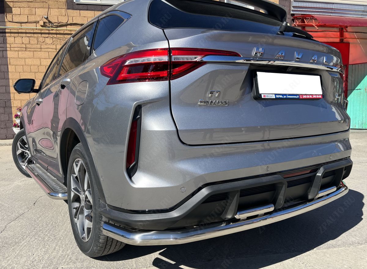 Защита заднего бампера угловая большая двойная для автомобиля HAVAL F7 2022 Рестрайлинг арт. GWF7.22.22