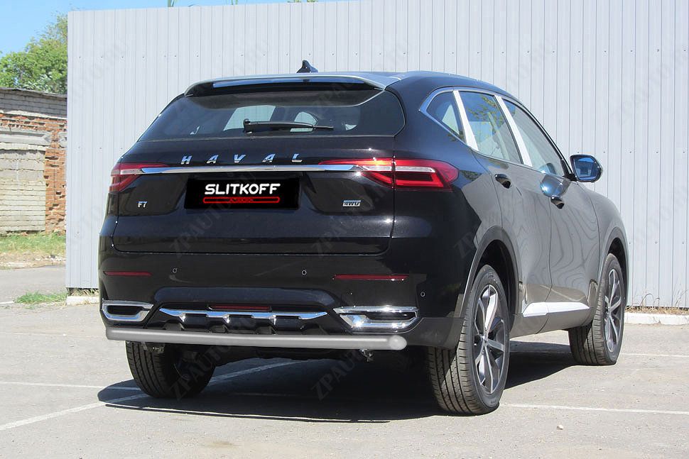 Защита заднего бампера d57 серебристая Haval F7 F7x (2019-2023) , Slitkoff, арт. HavF7009S