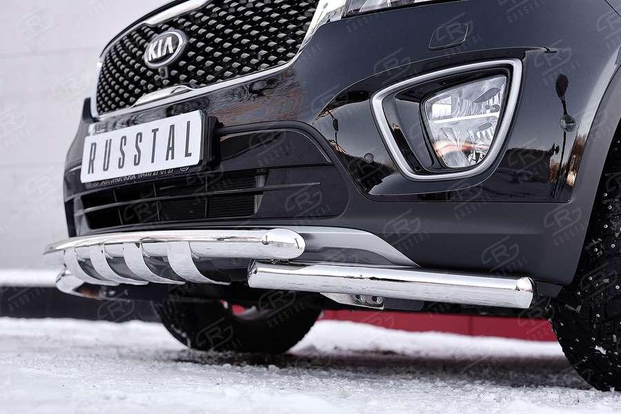 Защита переднего бампера d57/57 уголки с клыками KIA Sorento Prime CRDI 2015, Slitkoff KSPZ-002205