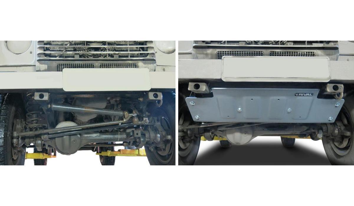 Защита рулевых тяг Rival для Land Rover Defender 90/110 рестайлинг 2007-2016, штампованная, алюминий 6 мм, с крепежом, 2333.3128.1.6