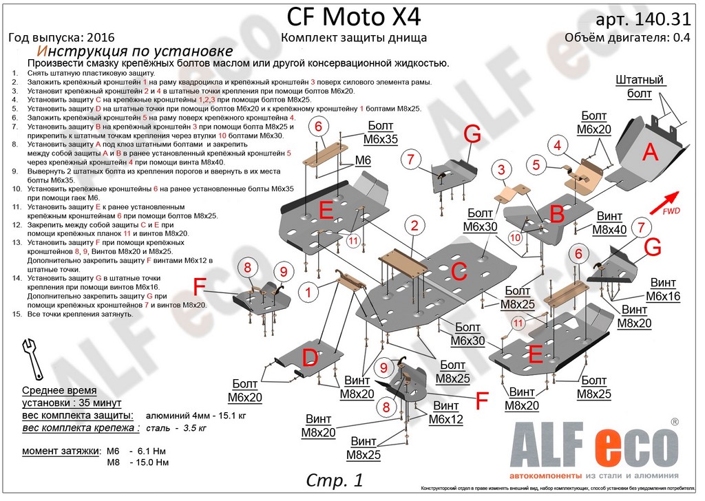 Комплект защиты квадроцикла CF Moto  X4 2016-, алюминий 4мм, ALFeco, арт. ALF14031al