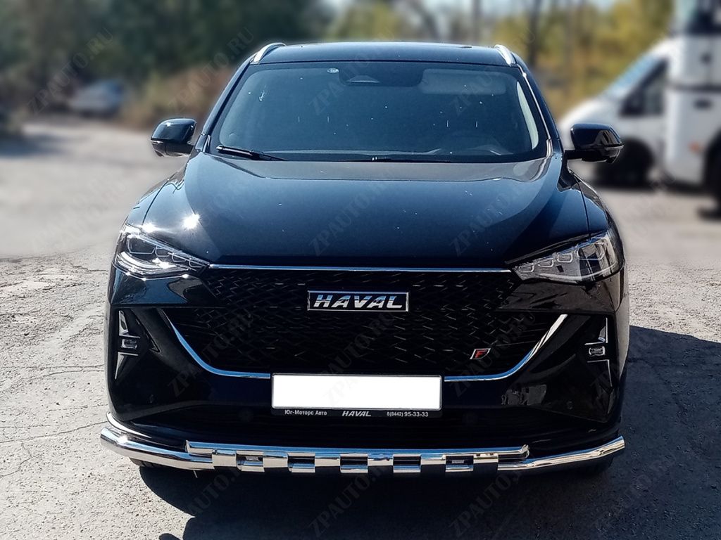 Защита переднего бампера двойная d-60+43 с четырьмя загибами с доп.накладками для автомобиля HAVAL F7x  2022 - по наст.вр арт. HVF7X_1.2, 
Технотек