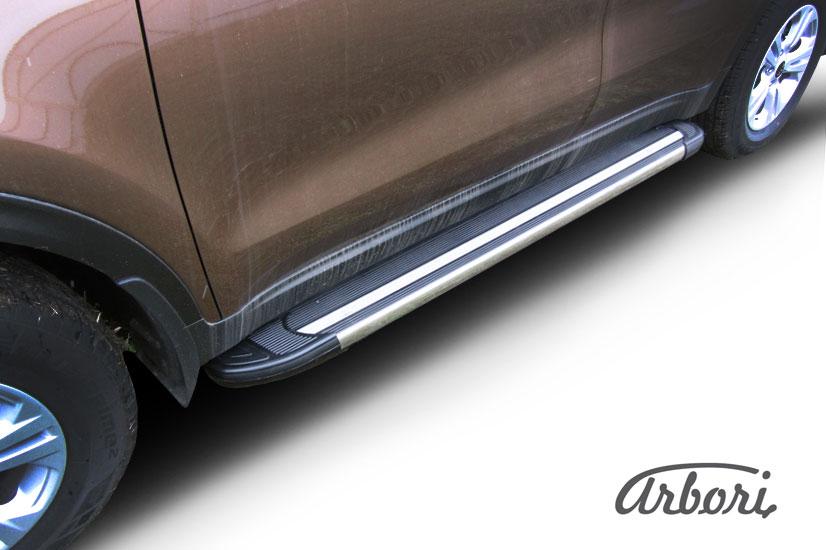 Пороги-подножки алюминиевые Arbori Luxe Black черные на KIA Sportage 2016, артикул AFZDAALKSP1603, Arbori (Россия)