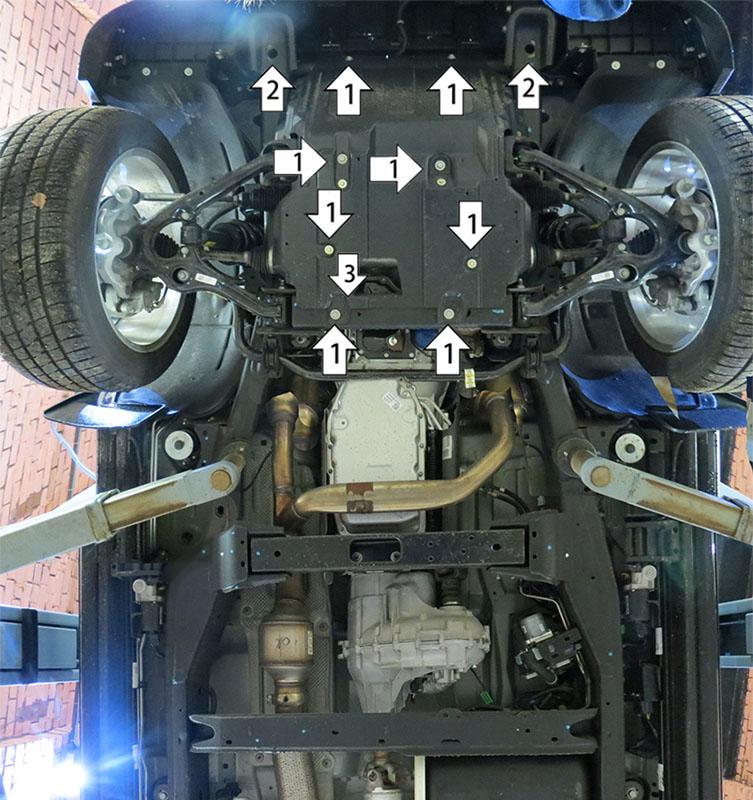 Защита стальная Мотодор (Двигатель, Задний дифференциал, Коробка переключения передач, Раздаточная коробка), 3 мм, Сталь для Cadillac Escalade 2015- арт. 13506