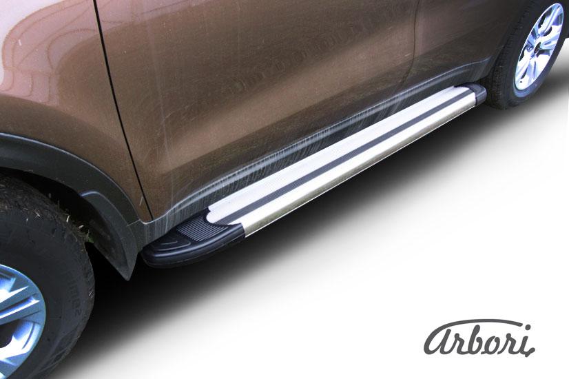 Пороги-подножки алюминиевые Arbori Luxe Silver серебристые на KIA Sportage 2016, артикул AFZDAALKSP1604, Arbori (Россия)