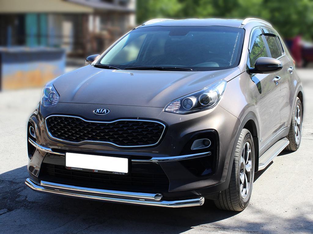 Дуга передняя по низу бампера радиусная двойная d-60+53 для автомобиля Kia Sportage 2018-наст.вр., Технотек, арт. KSP18_1.1