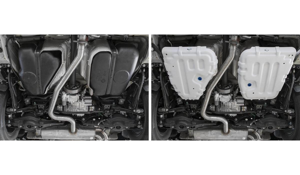 Защита топливного бака Rival для Audi Q3 II 4WD 2018-н.в., штампованная, алюминий 3 мм, с крепежом, 2 части, 333.0355.1