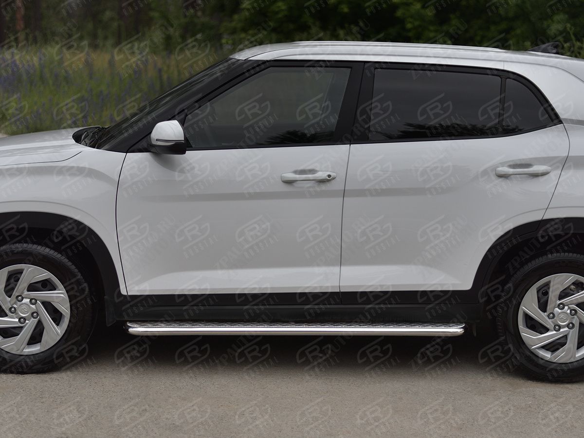 HYUNDAI CRETA 2021- Пороги труба d42 с листом (Лист алюм, проф. нерж) (вариант 1) HCRL-0038221