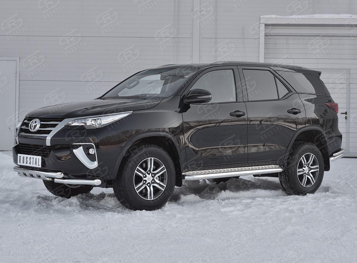 Защита переднего бампера d57/57 уголки с клыками на Toyota Fortuner 2017, Slitkoff TFZ-002879