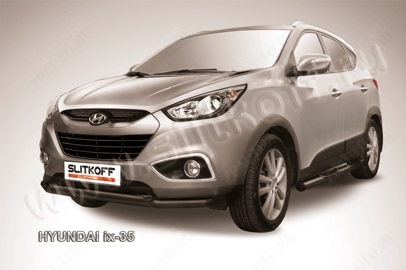 Защита переднего бампера d57+d42 двойная черная Hyundai ix-35 (2010-2015) , Slitkoff, арт. Hix35-002B