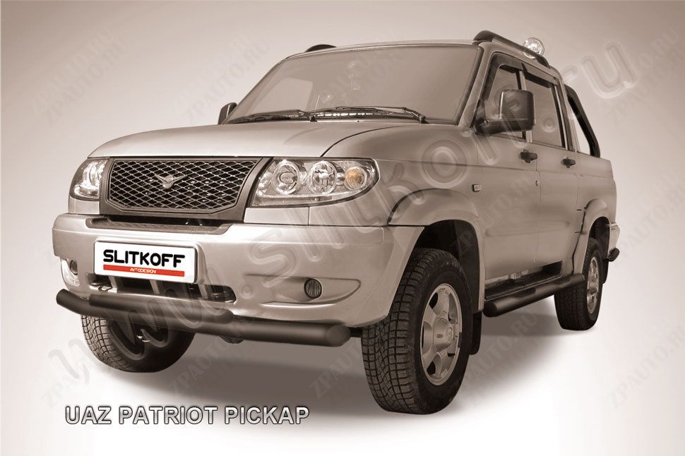 Защита переднего бампера d76+d57 двойная черная Uaz Pickup (2008-2014) , Slitkoff, арт. UPpic001B