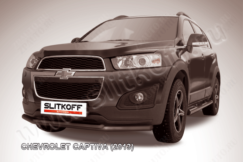 Защита переднего бампера d57+d42 двойная черная Chevrolet Captiva (2013-2016) , Slitkoff, арт. CHCap13-001B