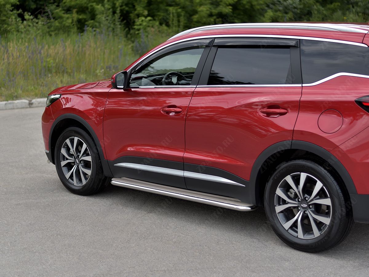CHERY TIGGO 7 PRO 2020- Пороги труба d42 с листом (Лист нерж, проф. нерж) (вариант 3) CHT7L-0038743