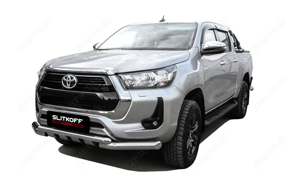 Защита переднего бампера d76+d57 двойная с профильной ЗК Toyota Hilux (2020-2023) Black Edition, Slitkoff, арт. THL20-001BE