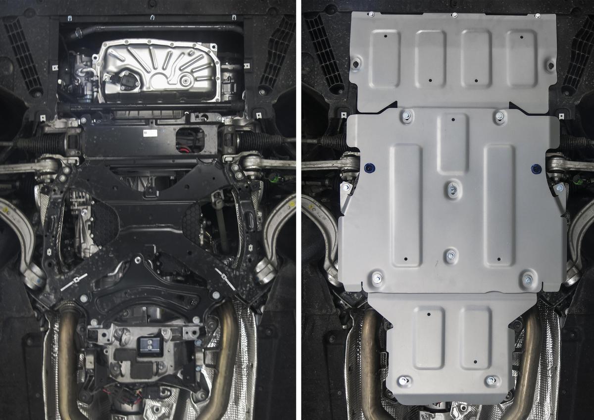 Защита картера, КПП и РК Rival для Audi A6 C8 2018-н.в., штампованная, алюминий 3 мм, с крепежом, 3 части, K333.0343.1