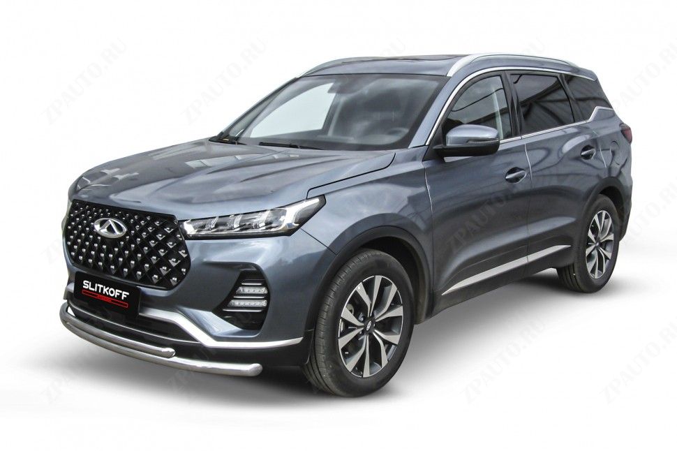 Защита переднего бампера d57+d42 двойная Chery Tiggo 7 Pro (2020-2023) Black Edition, Slitkoff, арт. CT7PR-002BE