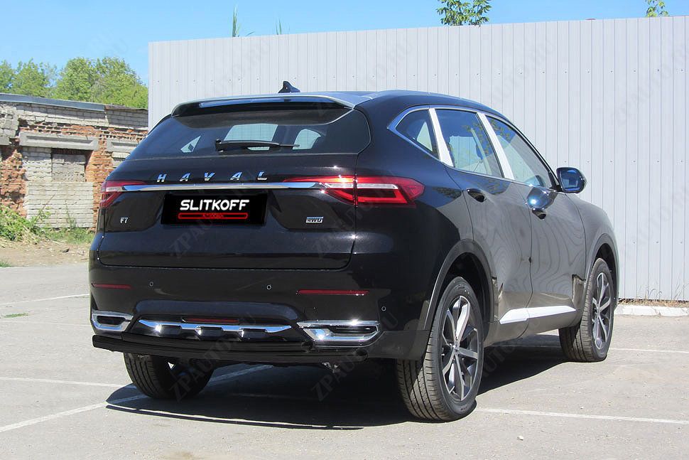 Защита заднего бампера d57+d42 черная Haval F7 F7x (2019-2023) , Slitkoff, арт. HavF7008B