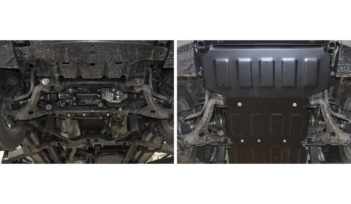 Защита картера АвтоБроня для Kia Mohave I рестайлинг (V - все) 2017-2020, штампованная, сталь 1.8 мм, 2 части, с крепежом, 111.02838.1