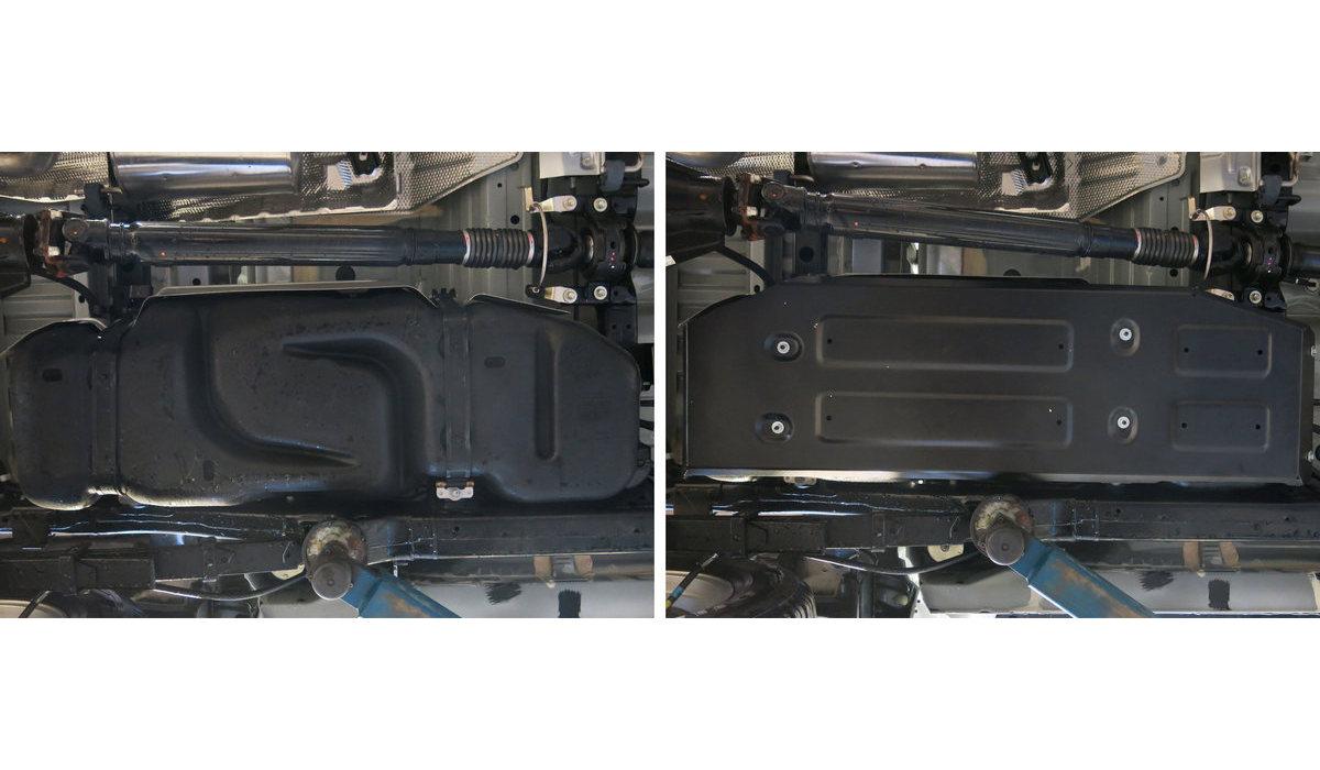 Защита топливного бака АвтоБроня для Toyota Hilux VIII рестайлинг (V - 2.8D) 4WD 2018-2020 2020-н.в., штампованная, сталь 1.8 мм, с крепежом, 111.09505.1