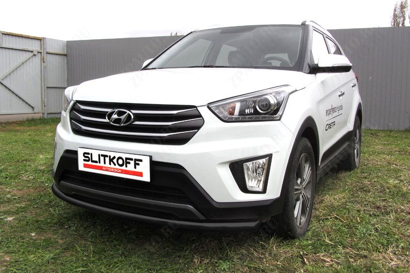 Защита переднего бампера d57 радиусная черная Hyundai Creta 4WD (2016-2021) , Slitkoff, арт. HCRET4WD005B