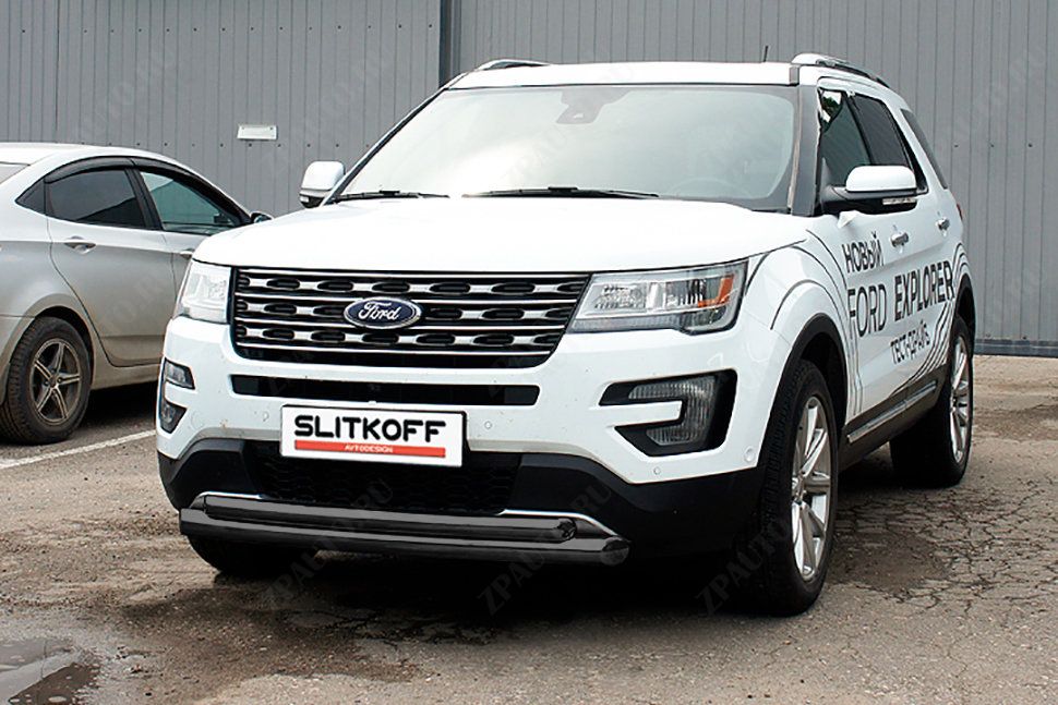 Защита переднего бампера d76+d57 двойная черная Ford Explorer (2017-2019) , Slitkoff, арт. FEX18001B