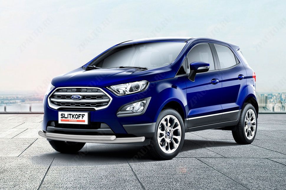 Защита переднего бампера d57+d42 двойная серебристая Ford EcoSport (2017-2023) , Slitkoff, арт. FES001S