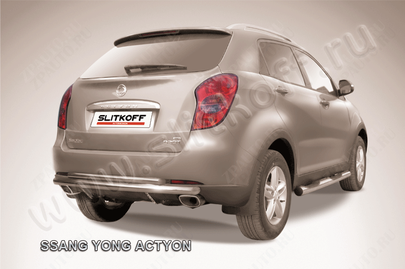 Защита заднего бампера d57+d42 двойная длинная SsangYong Actyon (2010-2013) , Slitkoff, арт. SYA009