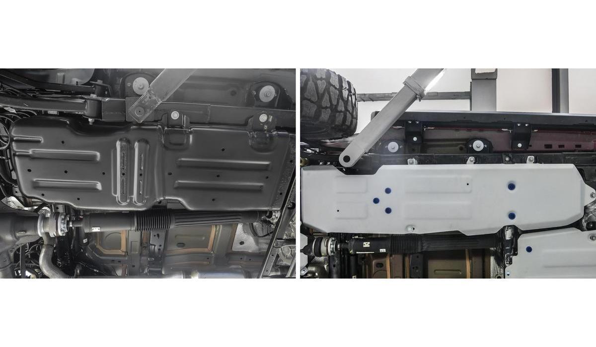 Защита топливного бака Rival для Jeep Wrangler JL 4-дв. 4WD 2017-н.в., штампованная, алюминий 6 мм, с крепежом, 2333.2747.1.6