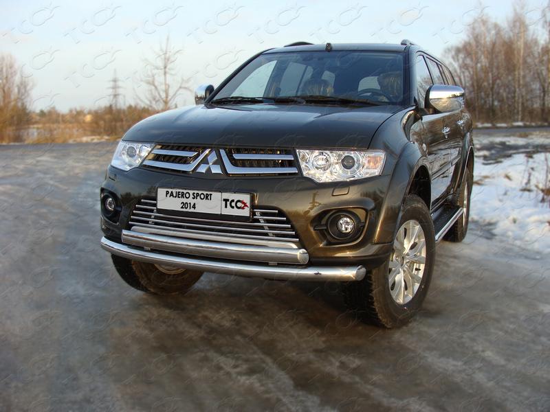 Защита передняя нижняя (двойная) 76,1/75 мм для автомобиля Mitsubishi Pajero Sport 2013-2015, TCC Тюнинг MITPASPOR14-01