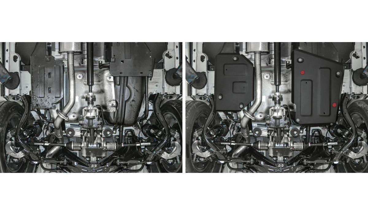 Защита топливного бака АвтоБроня для Haval F7x (V - 1.5T; 2.0T) 2019-н.в., штампованная, сталь 1.5 мм, 2 части, с крепежом, 111.09416.1