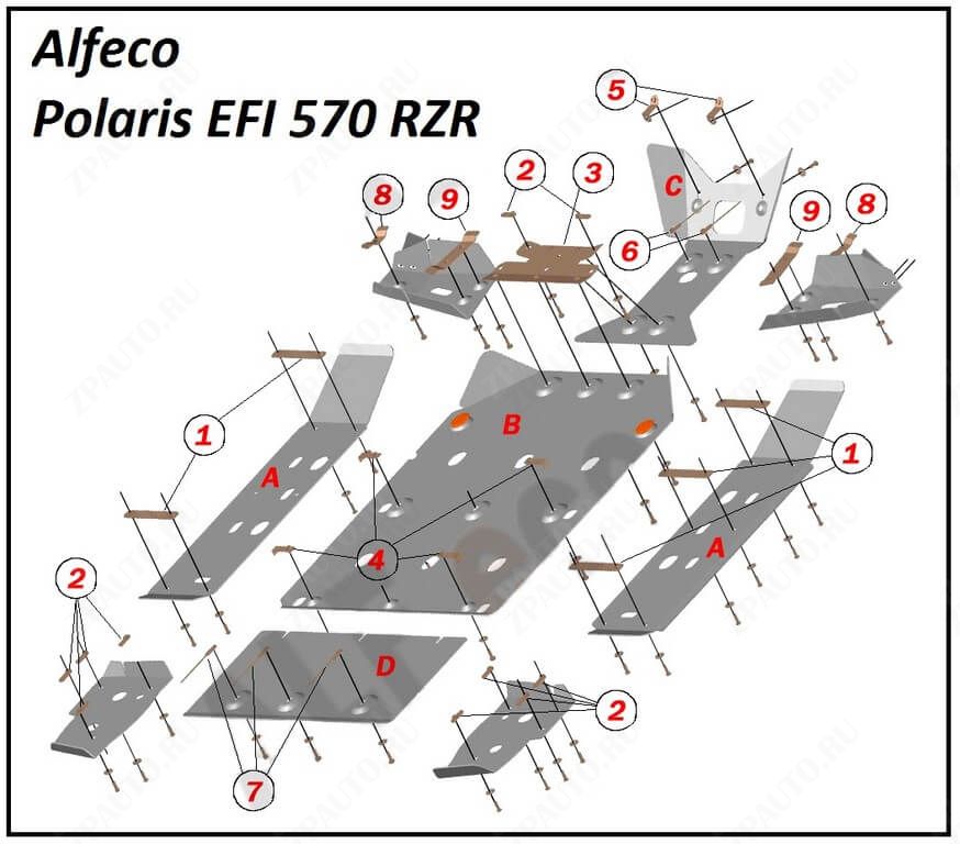 Комплект защиты квадроцикла Polaris  EFI 570 RZR 2012-, алюминий 4мм, ALFeco, арт. ALF11014al