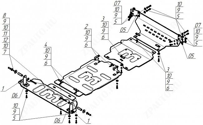 Защита алюминиевая Мотодор (Двигатель, Передний дифференциал, Коробка переключения передач, Радиатор, Раздаточная коробка), 2 мм,  Dodge Ram 1500  2024- арт. 32913_А