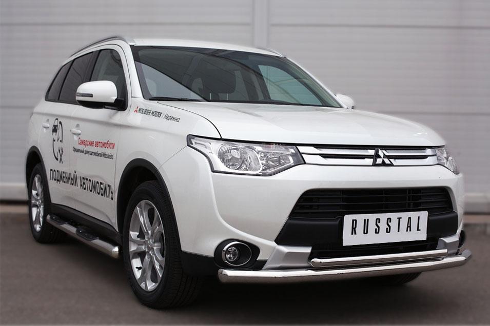 Пороги труба d76 с накладками вариант 3 для Mitsubishi Outlander 2014, Русталь MORT-001898, Slitkoff