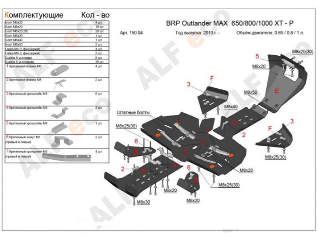 Комплект защиты квадроцикла BRP Outlander MAX 500/650/800/1000 Xmr G2 2013-2019, алюминий 4мм, ALFeco, арт. ALF15004al