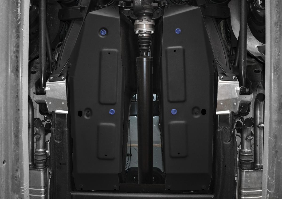 Защита топливного бака Rival (черная) для Mercedes-Benz G-klasse W464 2018-н.в., штампованная, алюминий 4 мм, с крепежом, 2 части, 333.3955.1